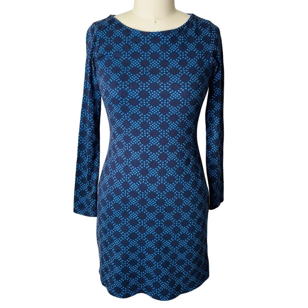 Boden Navy Blue Geometric Dot Print Long Sleeve Jersey Sheath Dress 2R